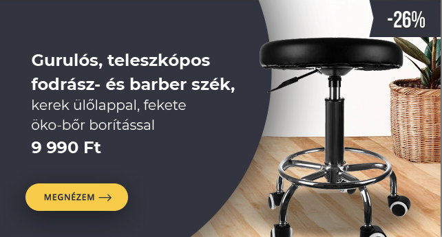 Gurulós, teleszkópos fodrász- és barber szék, kerek ülőlappal, fekete öko-bőr borítással csak 9.990 Ft